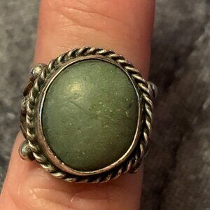 Vintage Round Sterling Silver Rope Twist Bezel & Green Turquoise Ring, Size 7